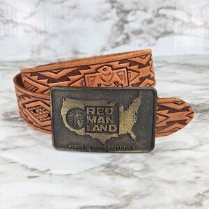 Vintage Red Man Chewing Tobacco Brass Belt Buckle Handmade Leather Belt 1980s